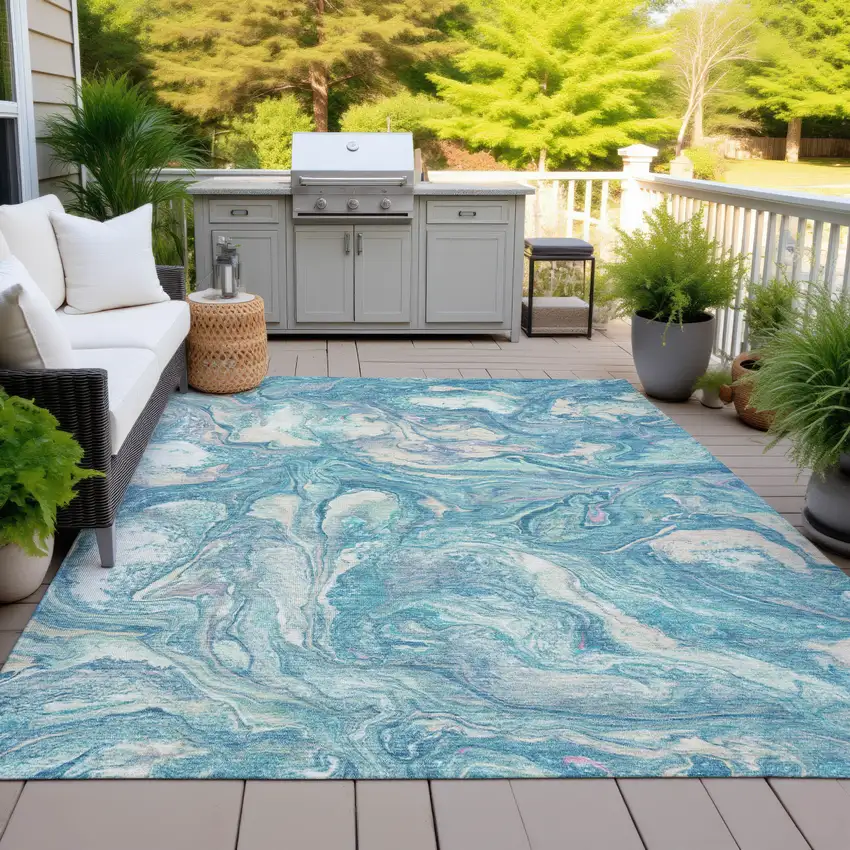 Teal Blue And Ivory Abstract Washable Indoor Outdoor Area Rug Photo 4