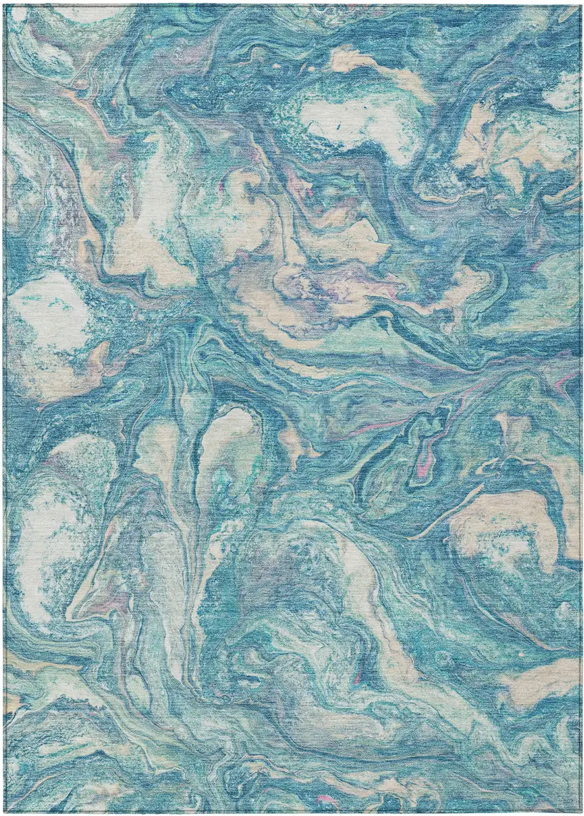 Teal Blue And Ivory Abstract Washable Indoor Outdoor Area Rug Photo 8