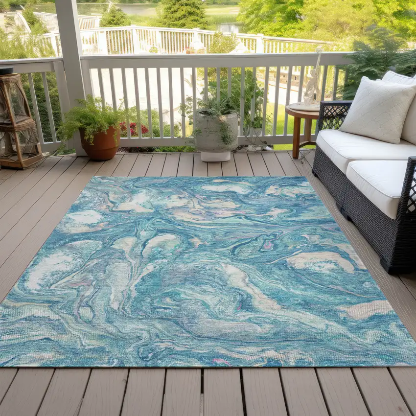 Teal Blue And Ivory Abstract Washable Indoor Outdoor Area Rug Photo 8