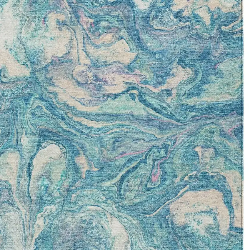 Teal Blue And Ivory Abstract Washable Indoor Outdoor Area Rug Photo 6