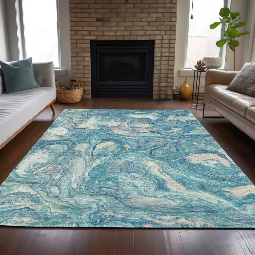 Teal Blue And Ivory Abstract Washable Indoor Outdoor Area Rug Photo 7