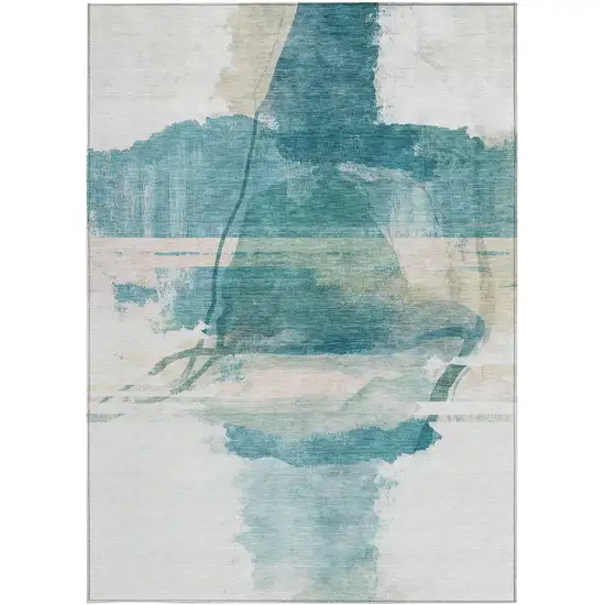 Teal Blue And Ivory Abstract Washable Indoor Outdoor Area Rug Photo 3