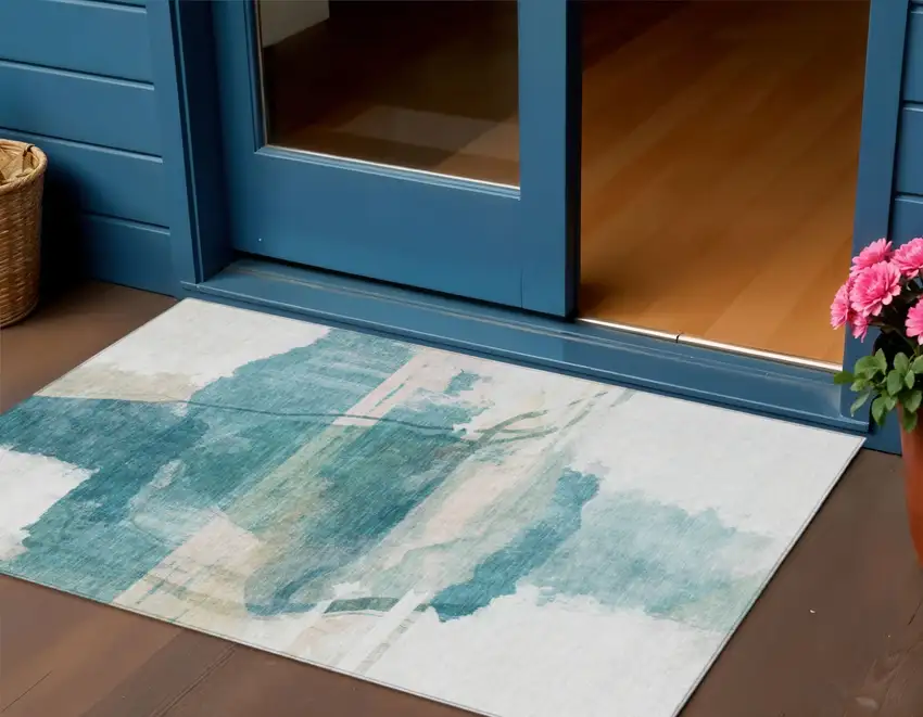 Teal Blue And Ivory Abstract Washable Indoor Outdoor Area Rug Photo 2