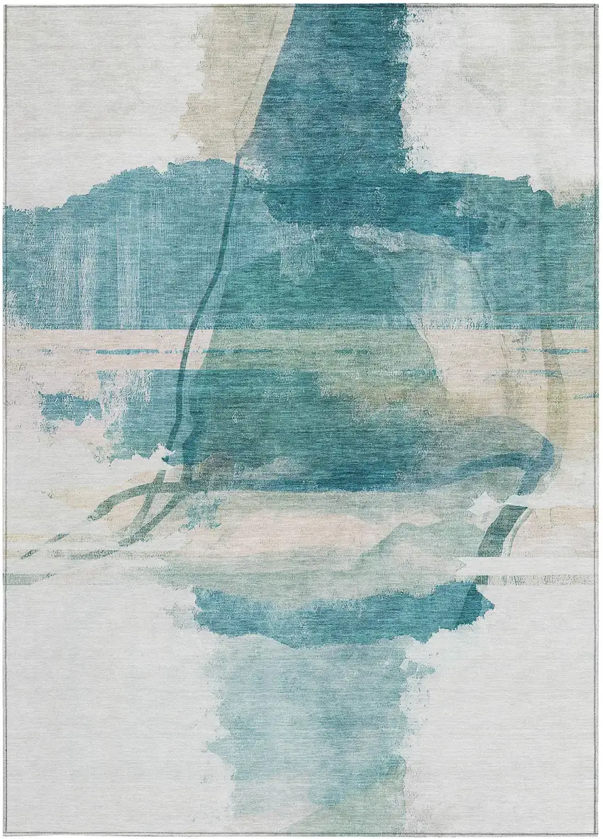 Teal Blue And Ivory Abstract Washable Indoor Outdoor Area Rug Photo 3