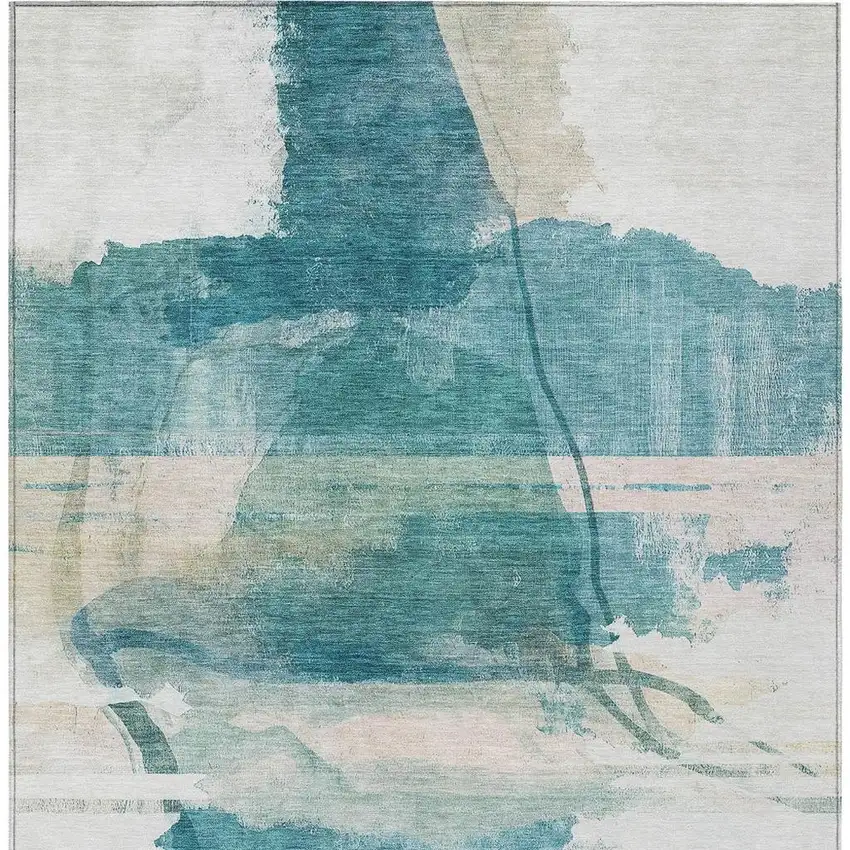Teal Blue And Ivory Abstract Washable Indoor Outdoor Area Rug Photo 9