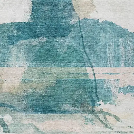 Teal Blue And Ivory Abstract Washable Indoor Outdoor Area Rug Photo 3