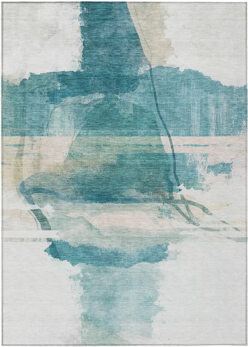 Teal Blue And Ivory Abstract Washable Indoor Outdoor Area Rug Photo 1
