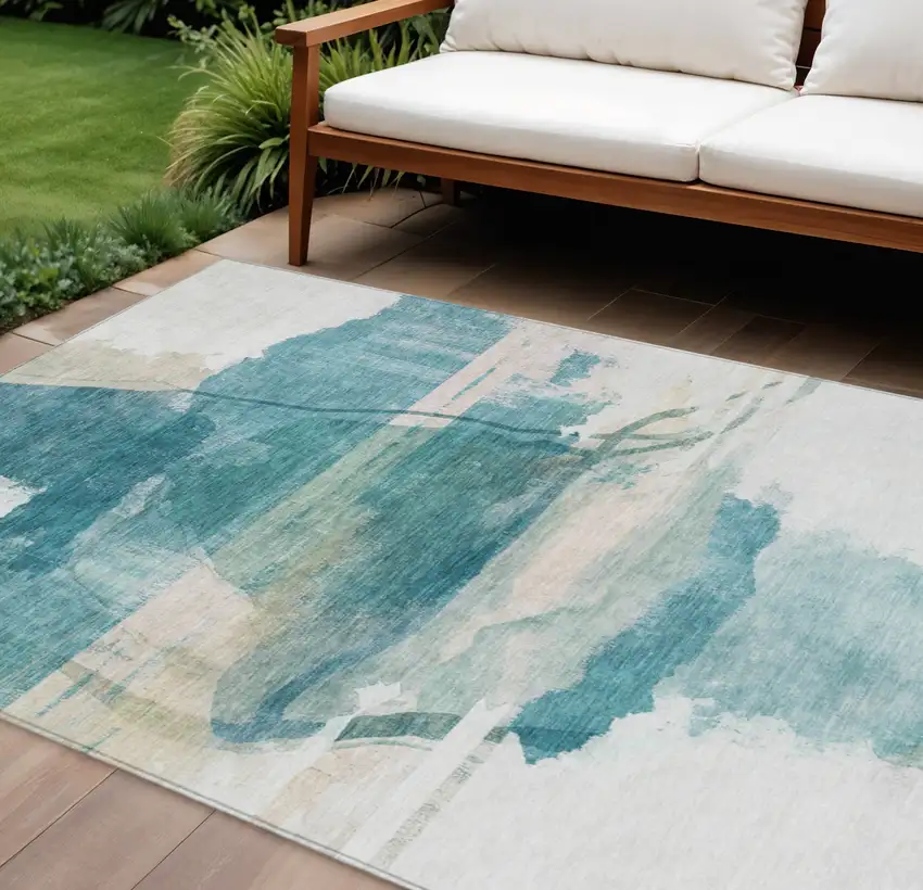 Teal Blue And Ivory Abstract Washable Indoor Outdoor Area Rug Photo 2