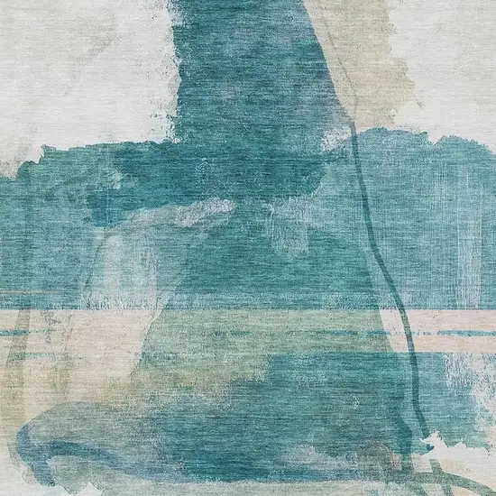 Teal Blue And Ivory Abstract Washable Indoor Outdoor Area Rug Photo 4