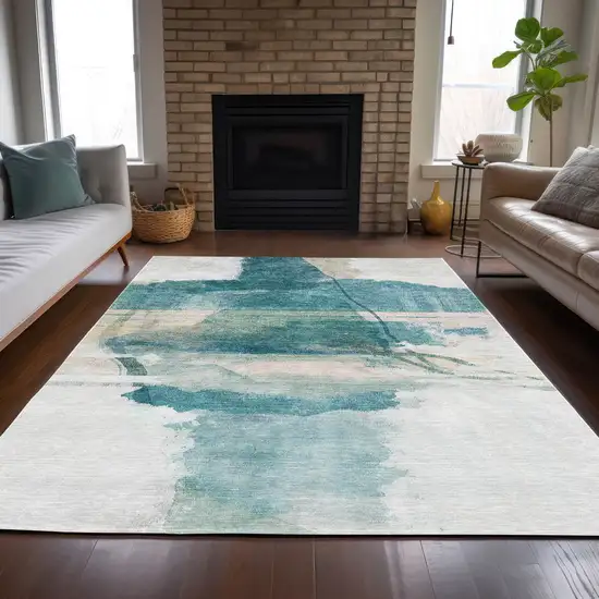 Teal Blue And Ivory Abstract Washable Indoor Outdoor Area Rug Photo 7
