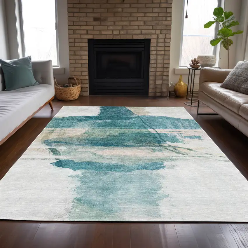Teal Blue And Ivory Abstract Washable Indoor Outdoor Area Rug Photo 7