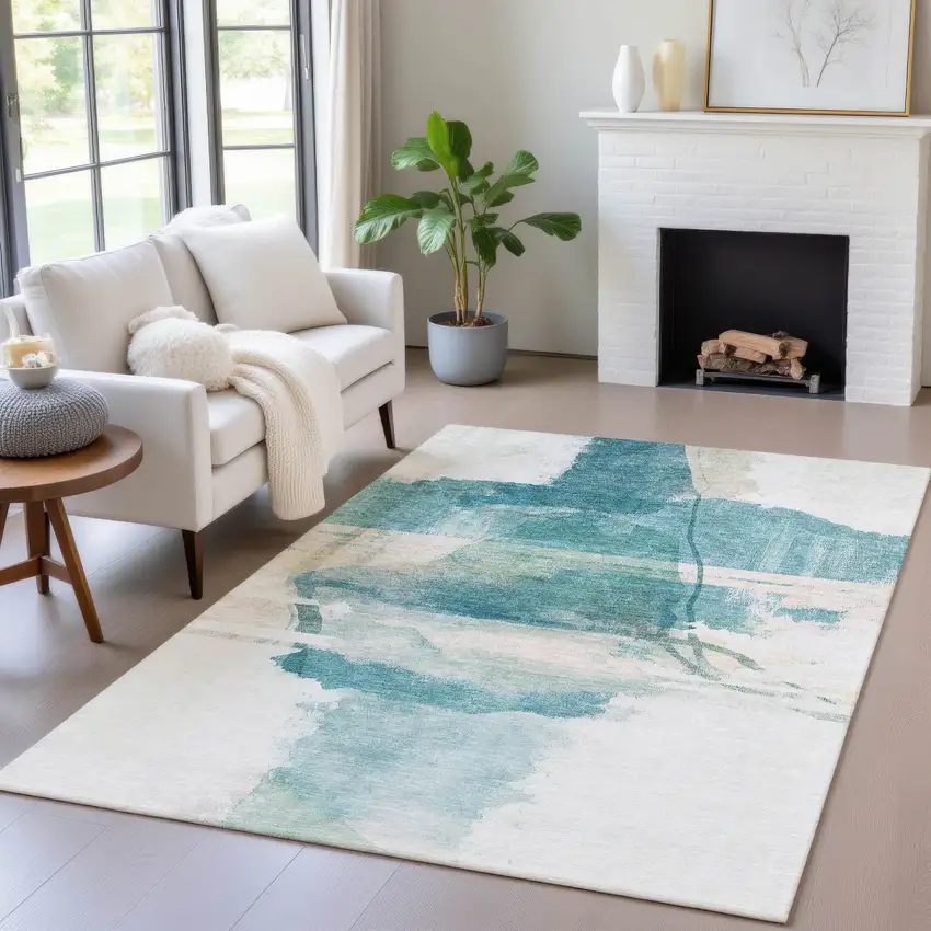 Teal Blue And Ivory Abstract Washable Indoor Outdoor Area Rug Photo 6