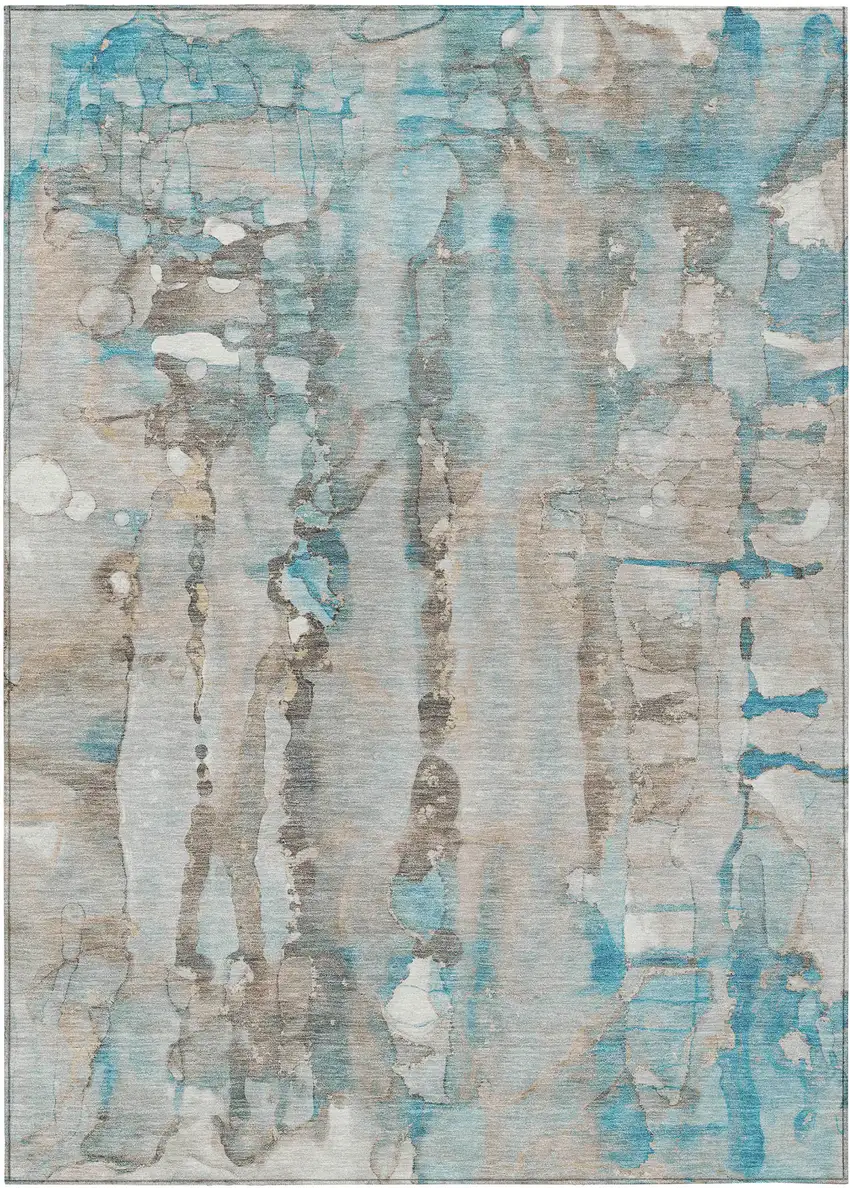 Teal Blue And Ivory Abstract Washable Indoor Outdoor Area Rug Photo 1