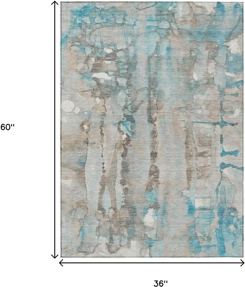 Teal Blue And Ivory Abstract Washable Indoor Outdoor Area Rug Photo 9