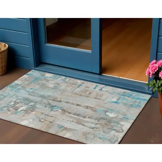 Teal Blue And Ivory Abstract Washable Indoor Outdoor Area Rug Photo 2