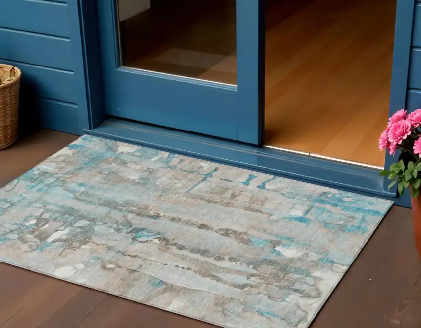 Teal Blue And Ivory Abstract Washable Indoor Outdoor Area Rug Photo 2