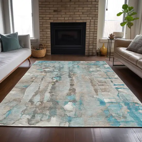 Teal Blue And Ivory Abstract Washable Indoor Outdoor Area Rug Photo 7