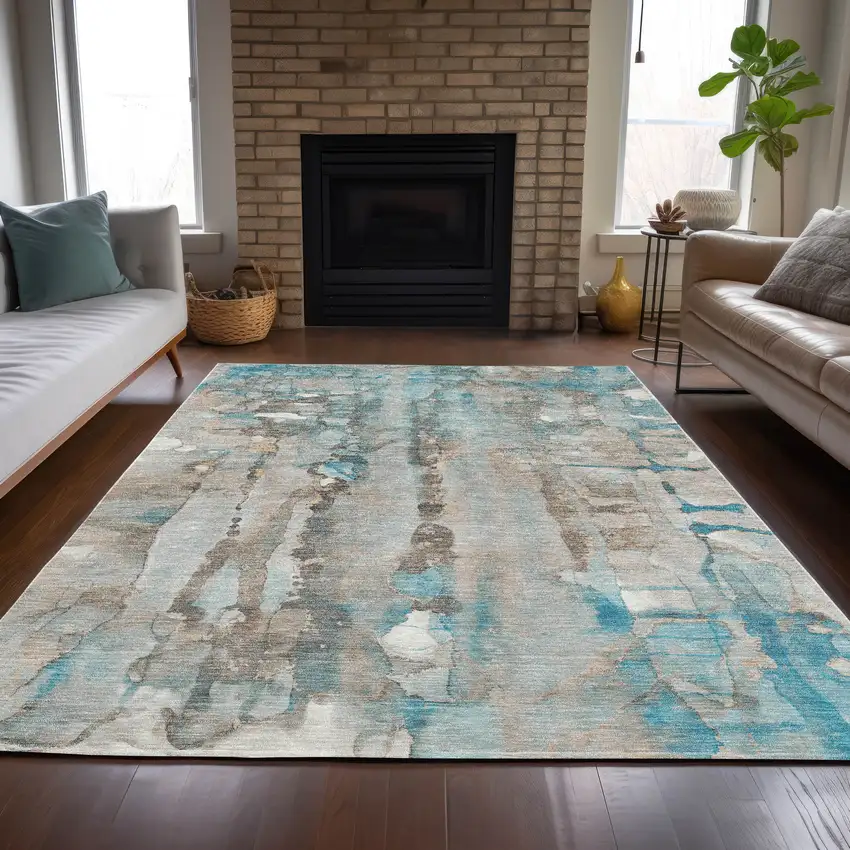 Teal Blue And Ivory Abstract Washable Indoor Outdoor Area Rug Photo 7