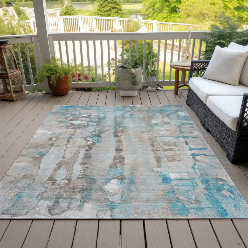 Teal Blue And Ivory Abstract Washable Indoor Outdoor Area Rug Photo 8