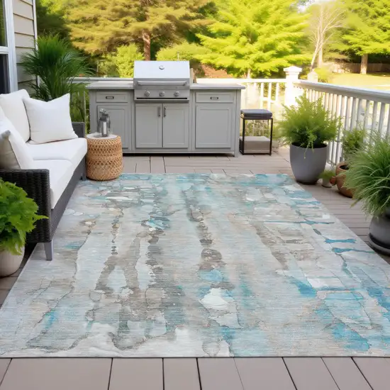 Teal Blue And Ivory Abstract Washable Indoor Outdoor Area Rug Photo 6