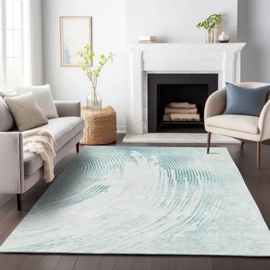Teal Blue And Ivory Abstract Washable Indoor Outdoor Area Rug Photo 8