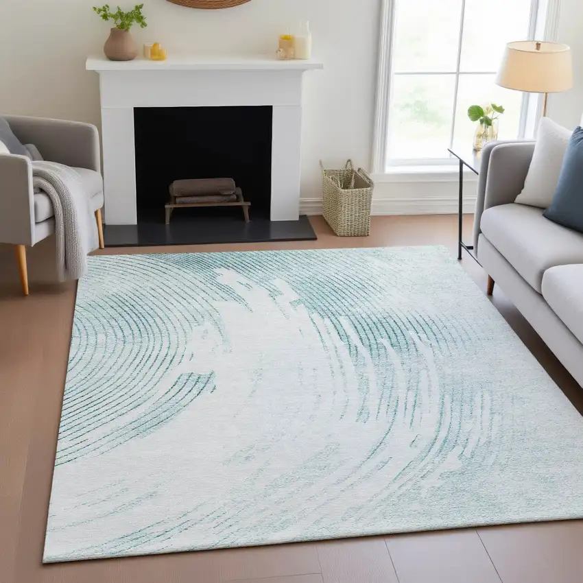 Teal Blue And Ivory Abstract Washable Indoor Outdoor Area Rug Photo 7