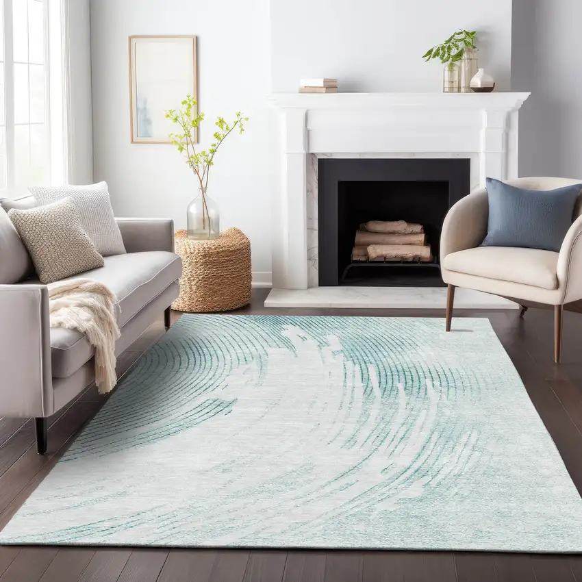 Teal Blue And Ivory Abstract Washable Indoor Outdoor Area Rug Photo 7