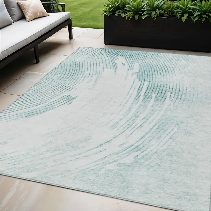 Teal Blue And Ivory Abstract Washable Indoor Outdoor Area Rug Photo 2