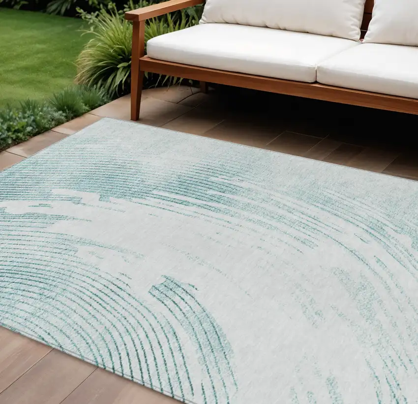 Teal Blue And Ivory Abstract Washable Indoor Outdoor Area Rug Photo 2