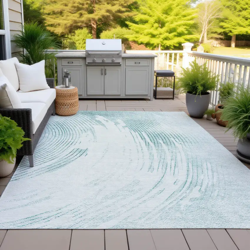 Teal Blue And Ivory Abstract Washable Indoor Outdoor Area Rug Photo 5