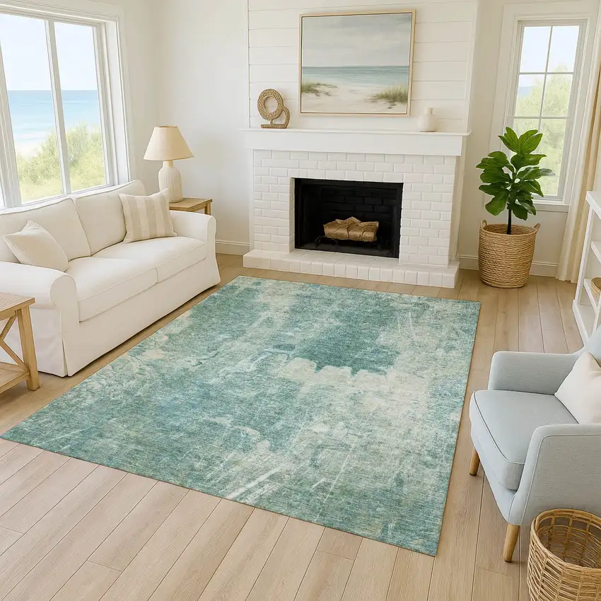 Teal Blue And Ivory Abstract Washable Indoor Outdoor Area Rug Photo 7