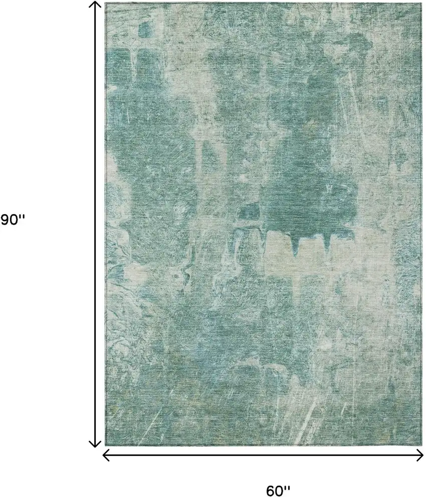 Teal Blue And Ivory Abstract Washable Indoor Outdoor Area Rug Photo 3