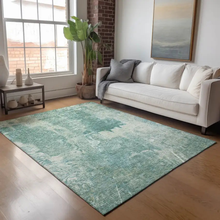 Teal Blue And Ivory Abstract Washable Indoor Outdoor Area Rug Photo 8