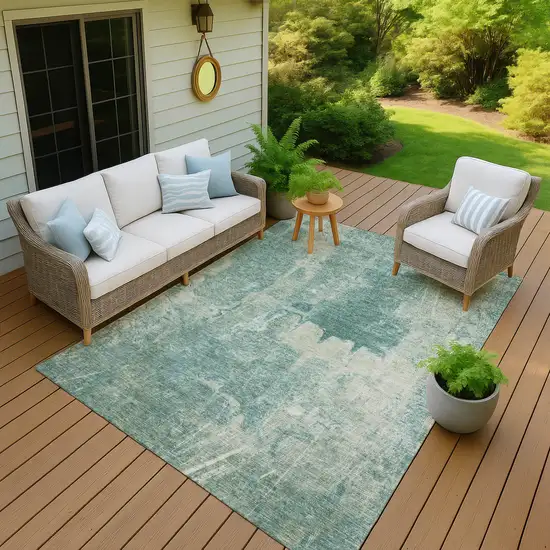 Teal Blue And Ivory Abstract Washable Indoor Outdoor Area Rug Photo 6