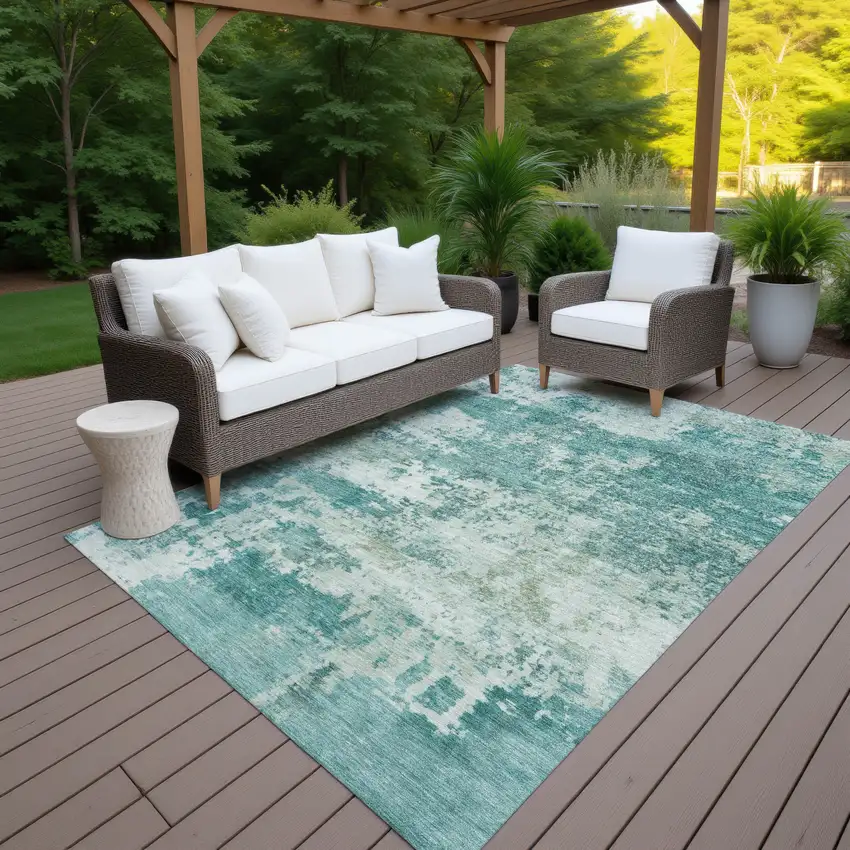 Teal Blue And Ivory Abstract Washable Indoor Outdoor Area Rug Photo 7