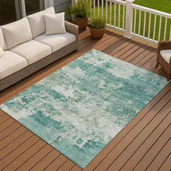 Teal Blue And Ivory Abstract Washable Indoor Outdoor Area Rug Photo 4