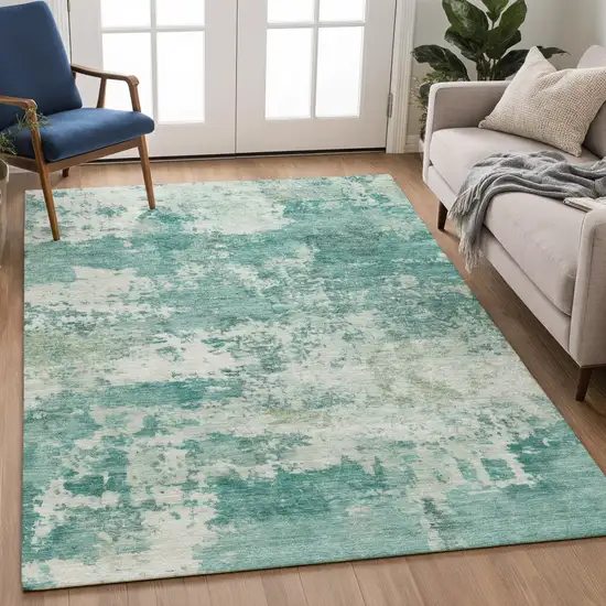 Teal Blue And Ivory Abstract Washable Indoor Outdoor Area Rug Photo 5