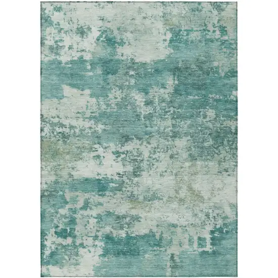 Teal Blue And Ivory Abstract Washable Indoor Outdoor Area Rug Photo 9