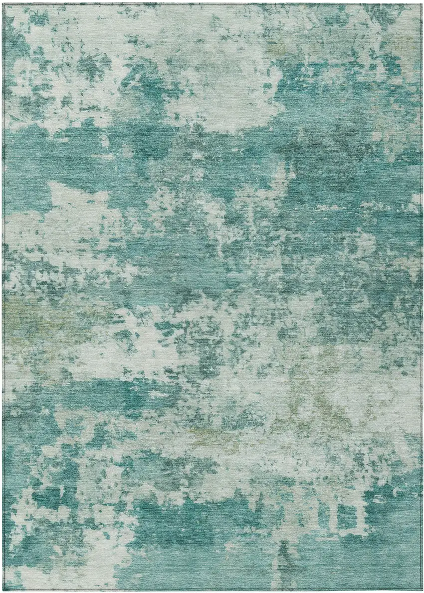 Teal Blue And Ivory Abstract Washable Indoor Outdoor Area Rug Photo 9