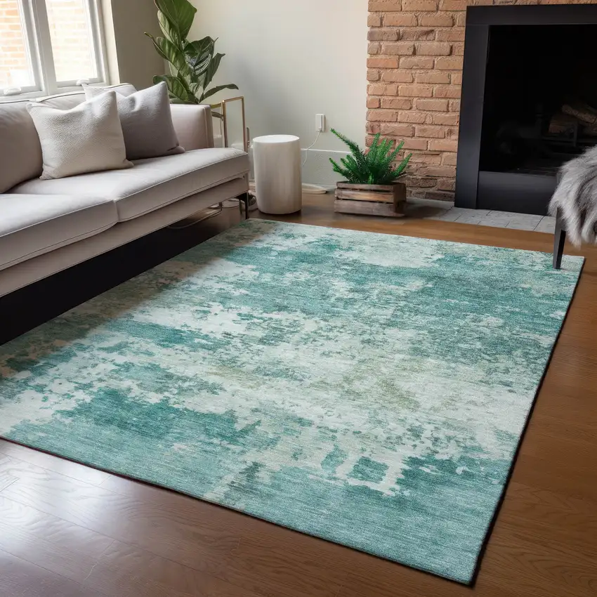 Teal Blue And Ivory Abstract Washable Indoor Outdoor Area Rug Photo 5