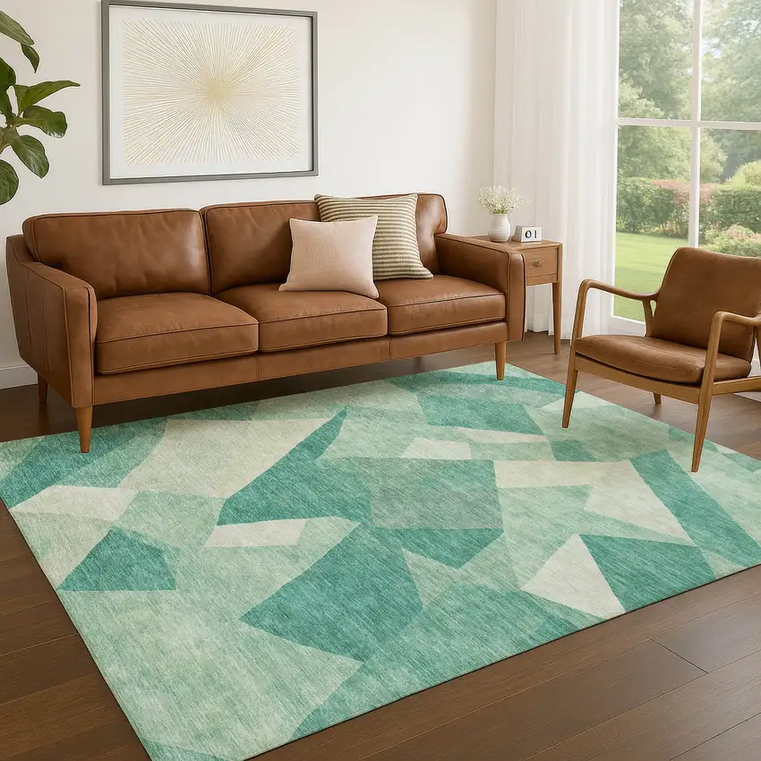 Teal Blue And Ivory Abstract Washable Indoor Outdoor Area Rug Photo 5