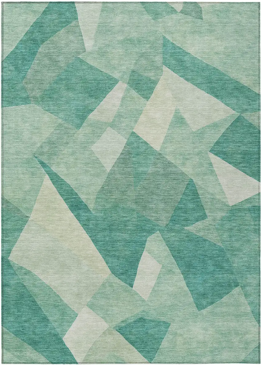Teal Blue And Ivory Abstract Washable Indoor Outdoor Area Rug Photo 1