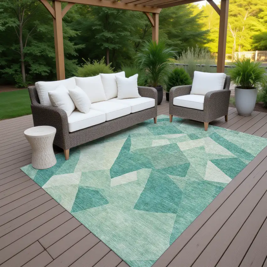 Teal Blue And Ivory Abstract Washable Indoor Outdoor Area Rug Photo 7