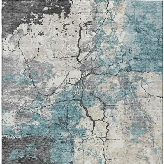 Teal Blue And Ivory Abstract Washable Indoor Outdoor Area Rug Photo 3
