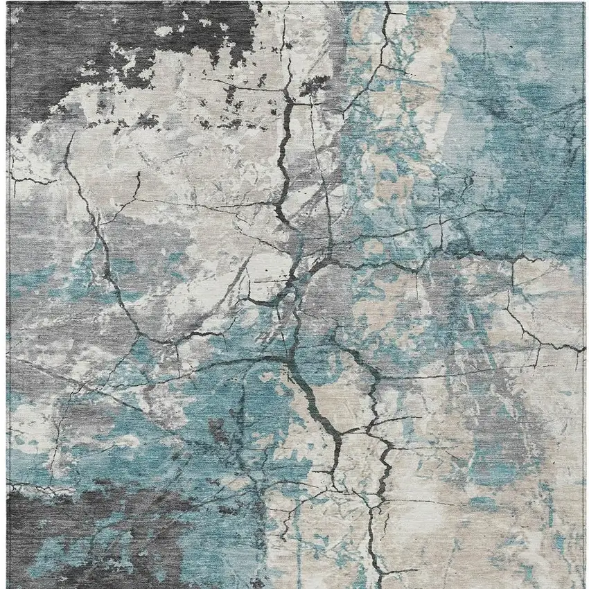Teal Blue And Ivory Abstract Washable Indoor Outdoor Area Rug Photo 3