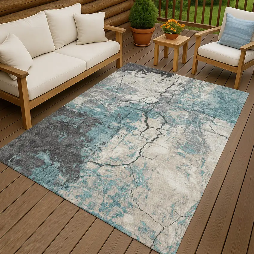 Teal Blue And Ivory Abstract Washable Indoor Outdoor Area Rug Photo 4