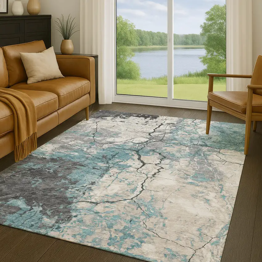Teal Blue And Ivory Abstract Washable Indoor Outdoor Area Rug Photo 5