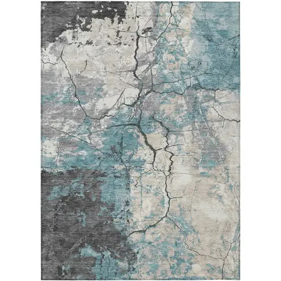 Teal Blue And Ivory Abstract Washable Indoor Outdoor Area Rug Photo 1