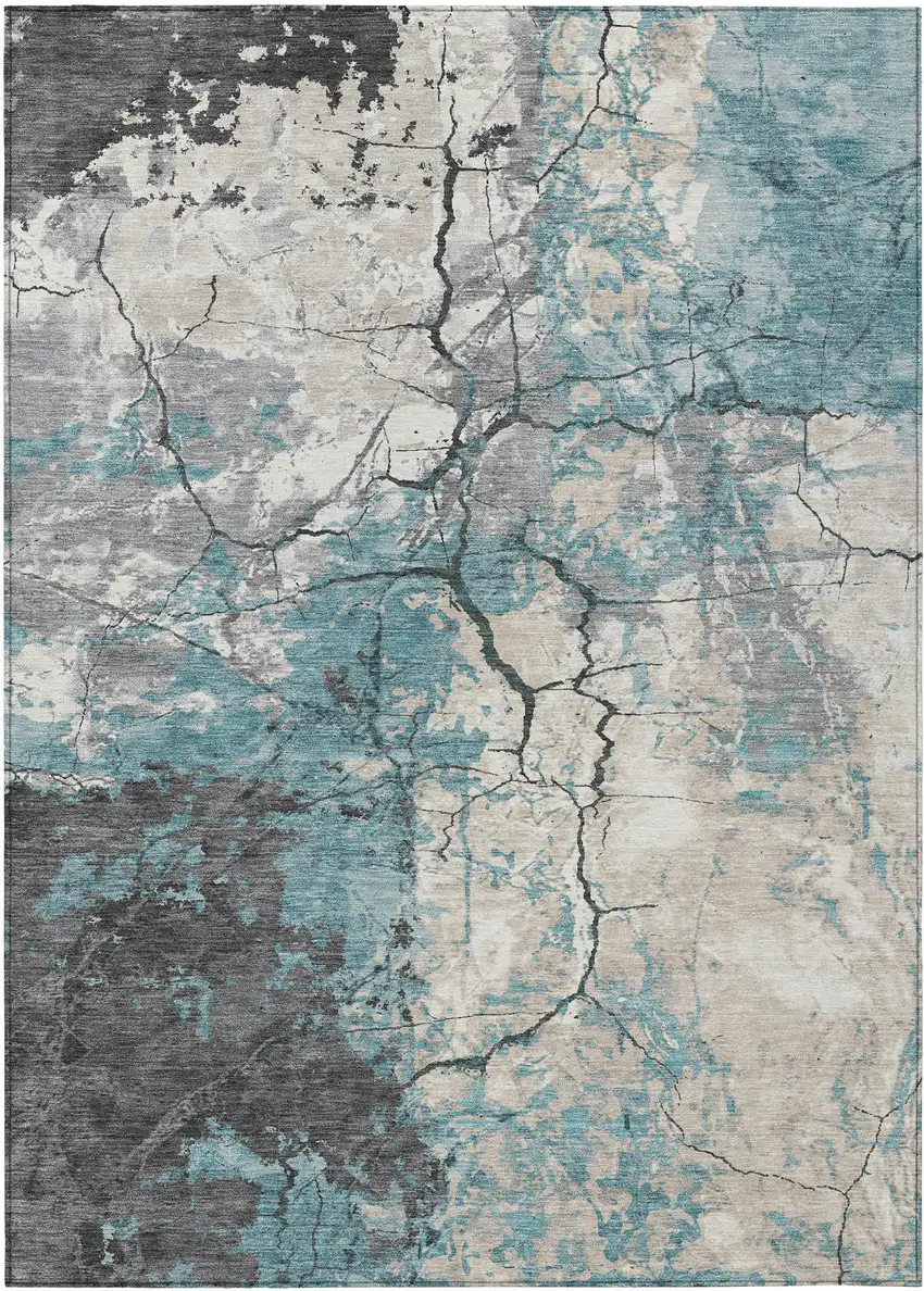 Teal Blue And Ivory Abstract Washable Indoor Outdoor Area Rug Photo 1