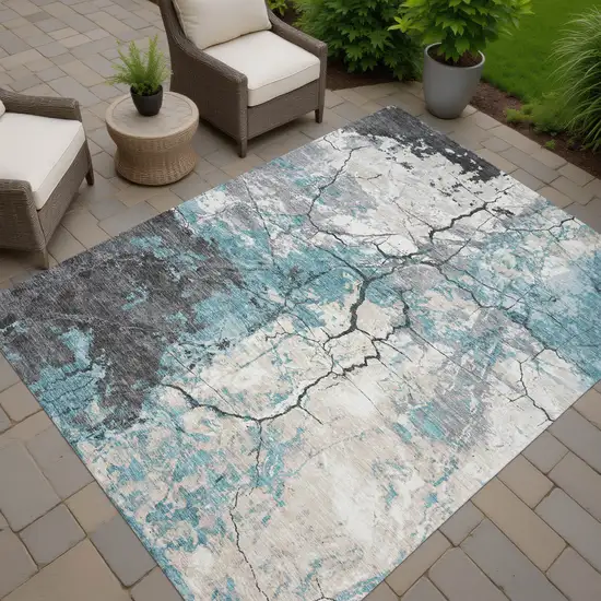 Teal Blue And Ivory Abstract Washable Indoor Outdoor Area Rug Photo 7